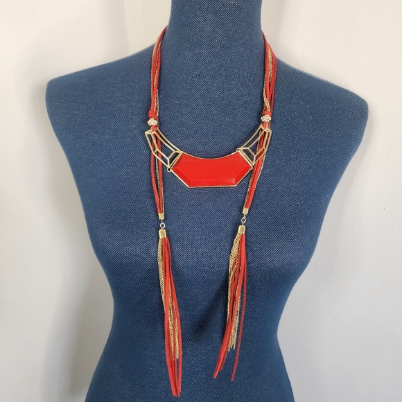 Long Adjustable Necklace Red Suede Leather and Gold Chain with Bid - Picture 7 of 7